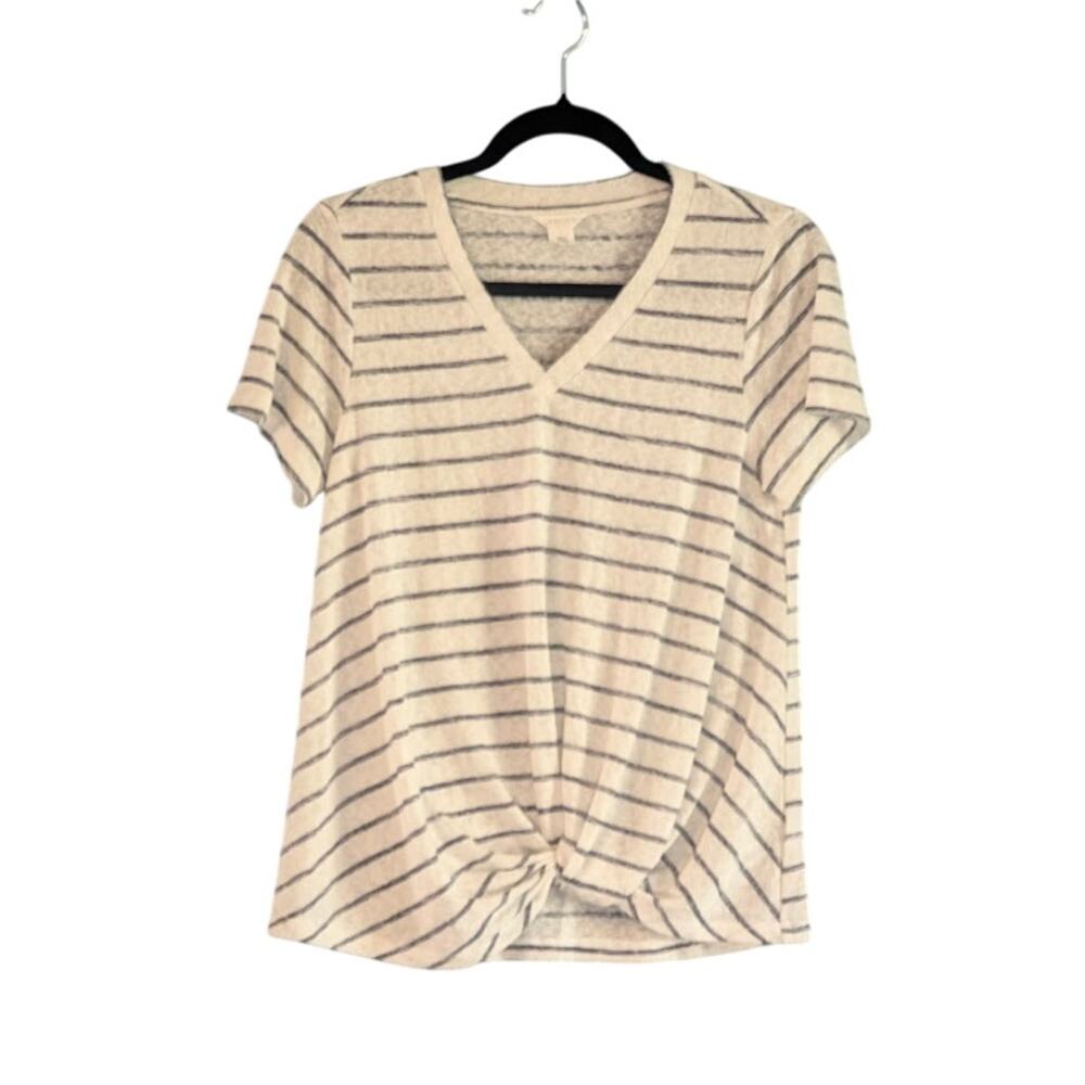 Caslon Tshirt Womens S Twist Hem V-Neck Ivory Navy Stripe Nautical Eurosummer